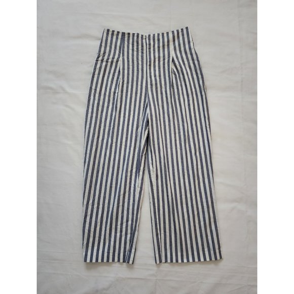 ZARA Women's Blue White Striped Wide Leg Pleated Cropped Pants Size Large - Picture 6 of 16